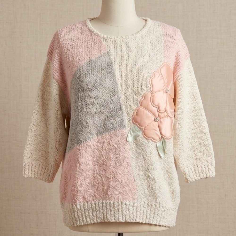 Vintage Margules M 80s Pastel Colorblock Floral‎ Applique Knit Sweater Medium